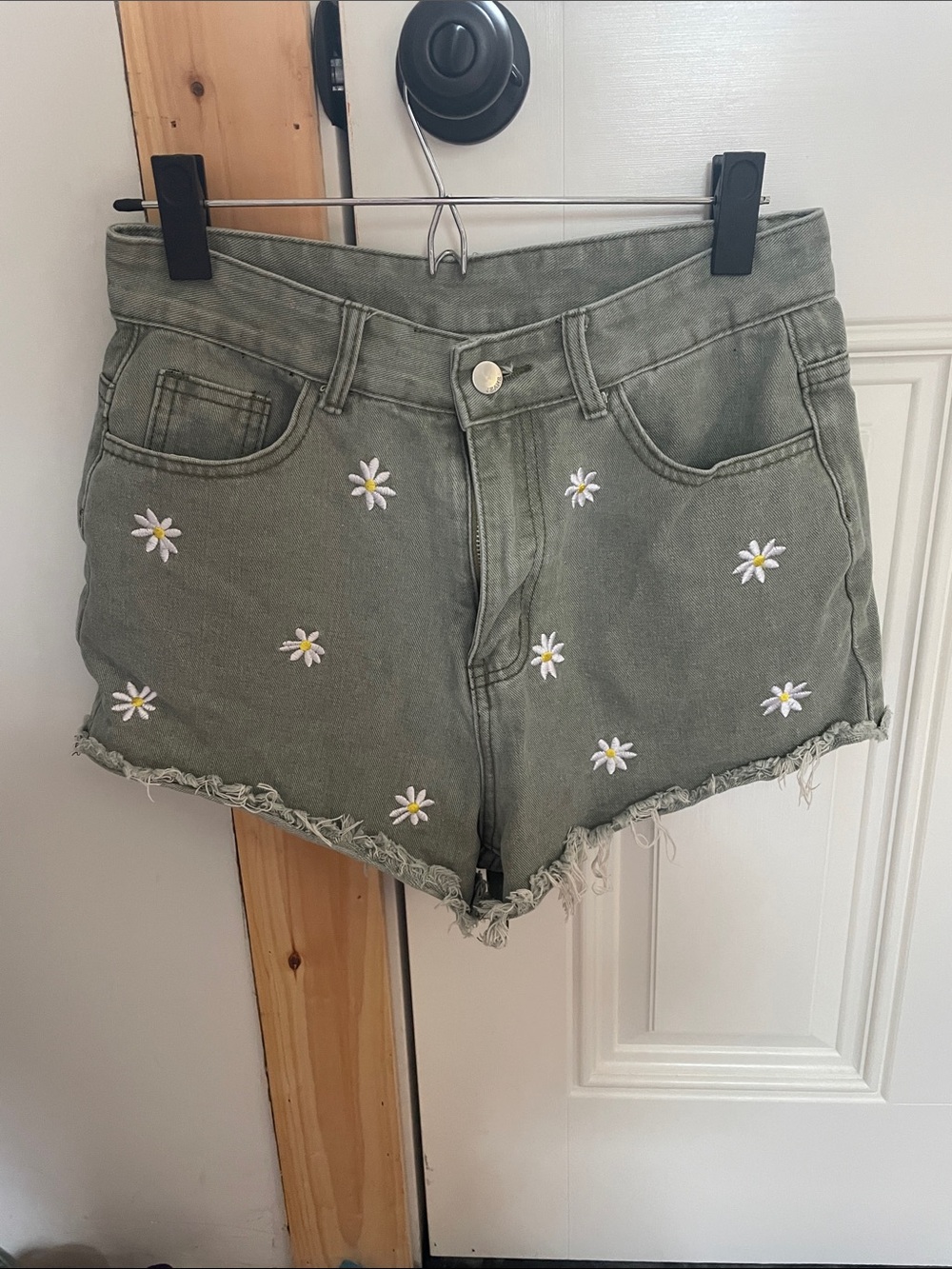 Olive Green Daisy Embroidered Denim Shorts - Women